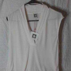 Anne Klein White Sleeveless Triple Pleat Blouse